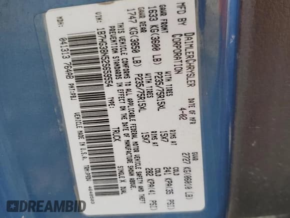 ✅ 2002 Dodge Dakota Sport • VIN: 1B7HG38N52S659554 • Lot: 80894414. Wystawiony na Copart z przebiegiem 174 207 mil. Bezpłatny archiwum sprzedaży aukcyjnych z USA i szczegółowy raport historii pojazdu na DreamBid. Zdjęcie 14.