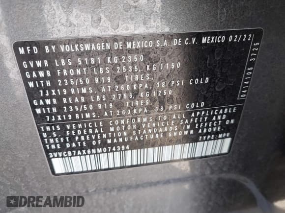 ✅ 2022 Volkswagen Tiguan SE R-Line Black • VIN: 3VVCB7AX6NM074394 • Лот: 42333751. Опубликован ранее на IAAI с пробегом 62 561 миль. Бесплатный доступ к архиву аукционных продаж из США и подробный отчёт об истории автомобиля на DreamBid. Изображение 9.