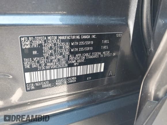 ✅ 2024 Toyota RAV4 XLE Premium • VIN: 2T3C1RFV0RC263536 • Lot: 43400099. Listed on IAAI with Not provided. Free auction sales archive from the USA and detailed vehicle history report at DreamBid. Image 9.