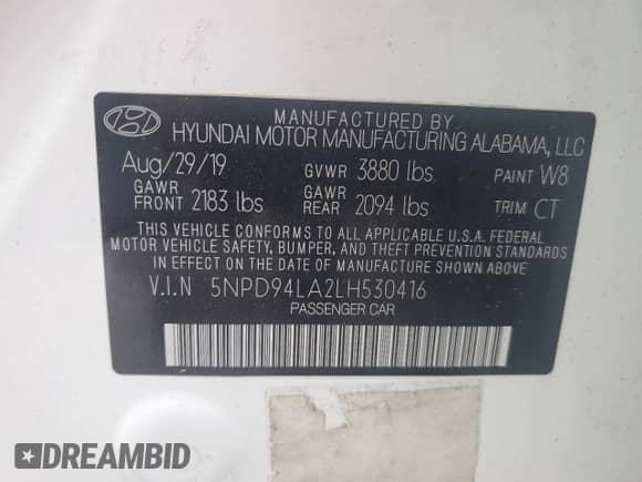 2020 Hyundai Elantra Eco с VIN 5NPD94LA2LH530416, выставлен на аукционе Copart как лот 54102595 с пробегом Не указан миль и Списание • Salvage title. История ставок и продаж доступна на DreamBid. Изображение 12.