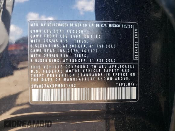 ✅ 2023 Volkswagen Tiguan SE R-Line Black • VIN: 3VV8B7AXXPM071863 • Лот: 55653325. Опубликован ранее на Copart с пробегом 12 054 миль. Бесплатный доступ к архиву аукционных продаж из США и подробный отчёт об истории автомобиля на DreamBid. Изображение 12.
