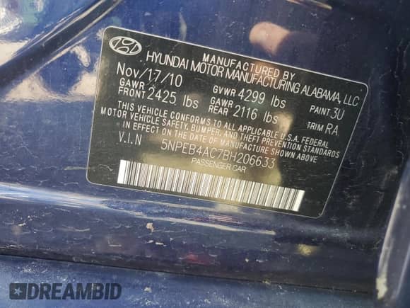 2011 Hyundai Sonata GLS with VIN 5NPEB4AC7BH206633, listed as a Copart auction lot 85259585 with 165,884 mi miles and Salvage title. Bid and sale history available at DreamBid. Image 12.