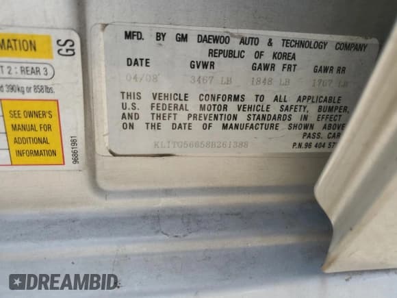 ✅ 2008 Chevrolet Aveo LT • VIN: KL1TG56658B261388 • Lot: 45560525. Wystawiony na Copart z przebiegiem 104 915 mil. Bezpłatny archiwum sprzedaży aukcyjnych z USA i szczegółowy raport historii pojazdu na DreamBid. Zdjęcie 12.