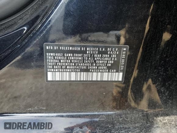 ✅ 2024 Volkswagen Jetta Sport • VIN: 3VWAM7BUXRM073708 • Lot: 84942294. Listed on Copart with 5,906 mi. Free auction sales archive from the USA and detailed vehicle history report at DreamBid. Image 12.