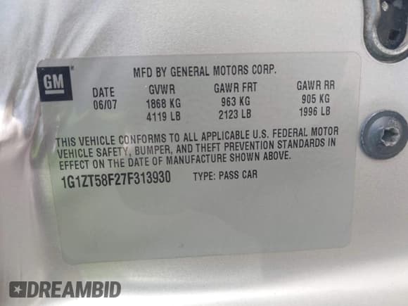 ✅ 2007 Chevrolet Malibu 1LT • VIN: 1G1ZT58F27F313930 • Lot: 43338110. Listed on IAAI with Not provided. Free auction sales archive from the USA and detailed vehicle history report at DreamBid. Image 9.