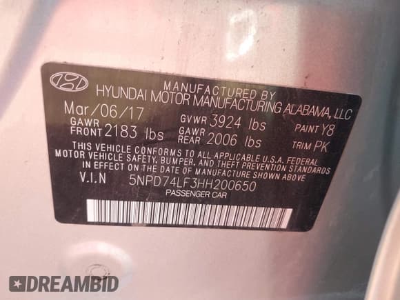 ✅ 2017 Hyundai Elantra SE • VIN: 5NPD74LF3HH200650 • Lot: 43357453. Listed on IAAI with 90,026 mi. Free auction sales archive from the USA and detailed vehicle history report at DreamBid. Image 9.