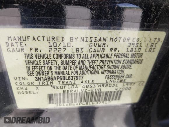 ✅ 2011 Nissan Sentra SL • VIN: 3N1AB6AP6BL637917 • Lot: 42123076. Listed on IAAI with Not provided. Free auction sales archive from the USA and detailed vehicle history report at DreamBid. Image 9.