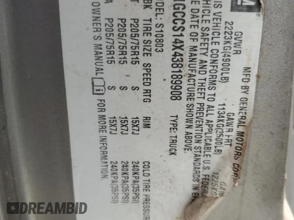 ✅ 2003 Chevrolet S-10 LS • VIN: 1GCCS14X438189908 • Лот: 54759215. Опубликован ранее на Copart с пробегом 54 131 миль. Бесплатный доступ к архиву аукционных продаж из США и подробный отчёт об истории автомобиля на DreamBid. Изображение 12.