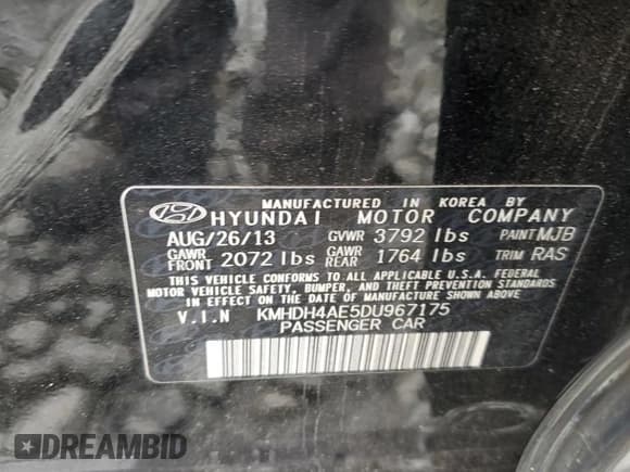 ✅ 2013 Hyundai Elantra Limited • VIN: KMHDH4AE5DU967175 • Lot: 85547105. Listed on Copart with 160,437 mi. Free auction sales archive from the USA and detailed vehicle history report at DreamBid. Image 12.