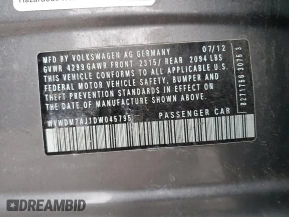 ✅ 2013 Volkswagen Golf TDI • VIN: WVWDM7AJ1DW045795 • Lot: 89479485. Listed on Copart with 211,391 mi. Free auction sales archive from the USA and detailed vehicle history report at DreamBid. Image 12.