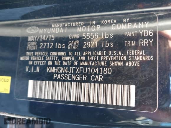 2015 Hyundai Genesis 5.0L z VIN KMHGN4JFXFU104180, wystawiony jako IAAI lot #43613090 z przebiegiem Nie podano mil oraz . Historia ofert i sprzedaży dostępna na DreamBid. Obrazek 9.