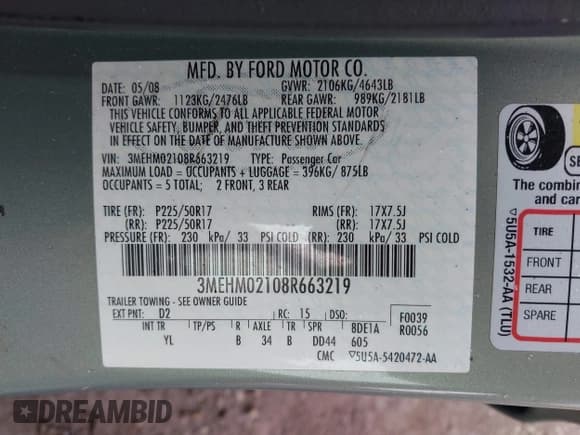 ✅ 2008 Mercury Milan Premier • VIN: 3MEHM02108R663219 • Lot: 43024563. Listed on IAAI with 51,903 mi. Free auction sales archive from the USA and detailed vehicle history report at DreamBid. Image 9.