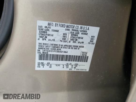 ✅ 2002 Ford F-350 XL • VIN: 1FTSW31F72EA21364 • Lot: 81263765. Listed on Copart with Not provided. Free auction sales archive from the USA and detailed vehicle history report at DreamBid. Image 12.