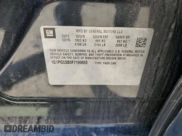 ✅ 2015 Chevrolet Cruze LTZ • VIN: 1G1PG5SB0F7199663 • Lot: 62016973. Listed on Copart with Not provided. Free auction sales archive from the USA and detailed vehicle history report at DreamBid. Image 13.