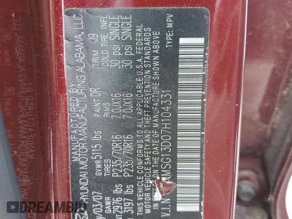 ✅ 2007 Hyundai Santa Fe GLS • VIN: 5NMSG13D07H104331 • Lot: 70223224. Listed on Copart with 24,401 mi. Free auction sales archive from the USA and detailed vehicle history report at DreamBid. Image 13.