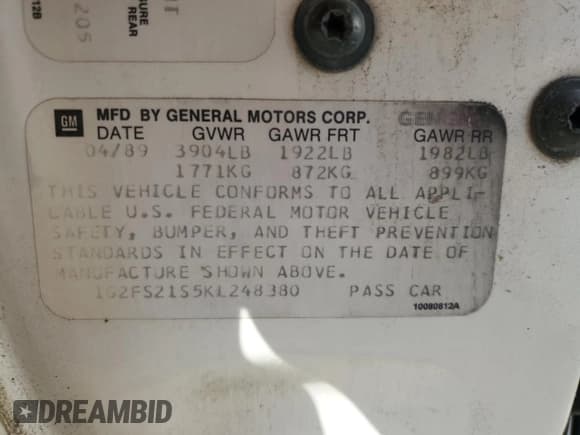 ✅ 1989 Pontiac Firebird • VIN: 1G2FS21S5KL248380 • Lot: 74590284. Listed on Copart with 189,808 mi. Free auction sales archive from the USA and detailed vehicle history report at DreamBid. Image 12.