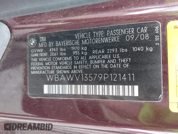✅ 2009 BMW 3 Series 328i • VIN: WBAWV13579P121411 • Lot: 42540732. Listed on IAAI with 248,412 mi. Free auction sales archive from the USA and detailed vehicle history report at DreamBid. Image 9.