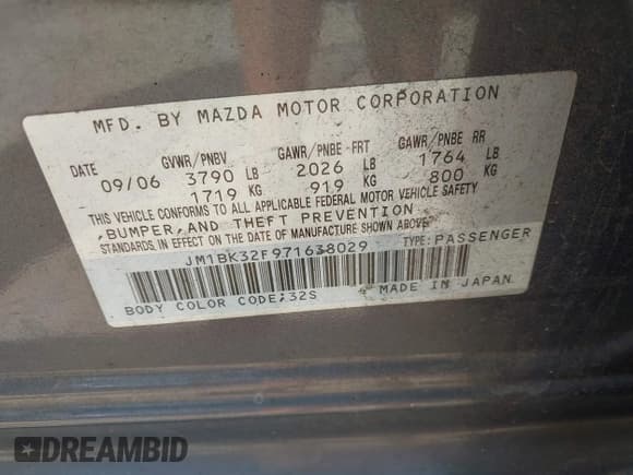 ✅ 2007 Mazda 3 i Sport • VIN: JM1BK32F971638029 • Лот: 42520576. Опубликован ранее на IAAI с пробегом 174 662 миль. Бесплатный доступ к архиву аукционных продаж из США и подробный отчёт об истории автомобиля на DreamBid. Изображение 9.