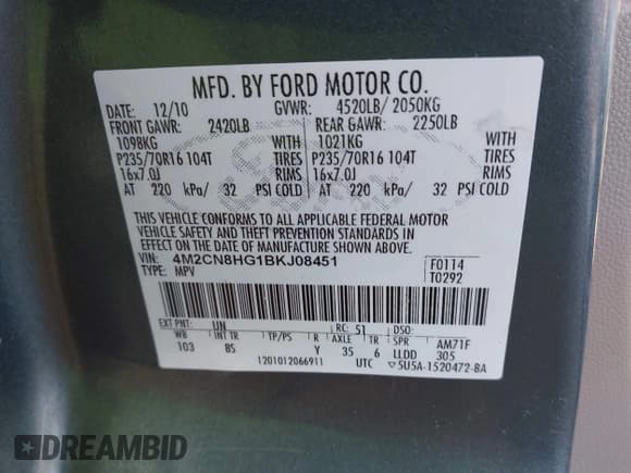 ✅ 2011 Mercury Mariner Premier • VIN: 4M2CN8HG1BKJ08451 • Lot: 43655750. Listed on IAAI with Not provided. Free auction sales archive from the USA and detailed vehicle history report at DreamBid. Image 9.