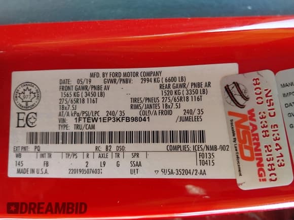 ✅ 2019 Ford F-150 XL • VIN: 1FTEW1EP3KFB98041 • Lot: 43465679. Wystawiony na IAAI z przebiegiem 93 118 mil. Bezpłatny archiwum sprzedaży aukcyjnych z USA i szczegółowy raport historii pojazdu na DreamBid. Zdjęcie 9.