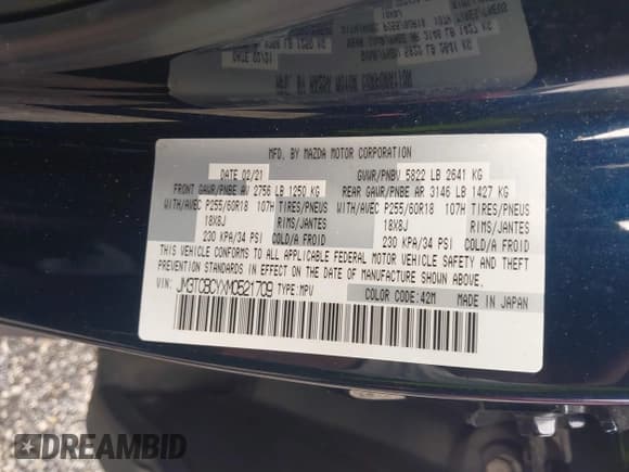 ✅ 2021 Mazda CX-9 Touring • VIN: JM3TCBCYXM0521709 • Lot: 43452547. Listed on IAAI with 50,115 mi. Free auction sales archive from the USA and detailed vehicle history report at DreamBid. Image 9.