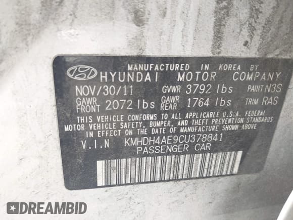 ✅ 2012 Hyundai Elantra Limited • VIN: KMHDH4AE9CU378841 • Lot: 42751671. Listed on IAAI with 196,450 mi. Free auction sales archive from the USA and detailed vehicle history report at DreamBid. Image 9.