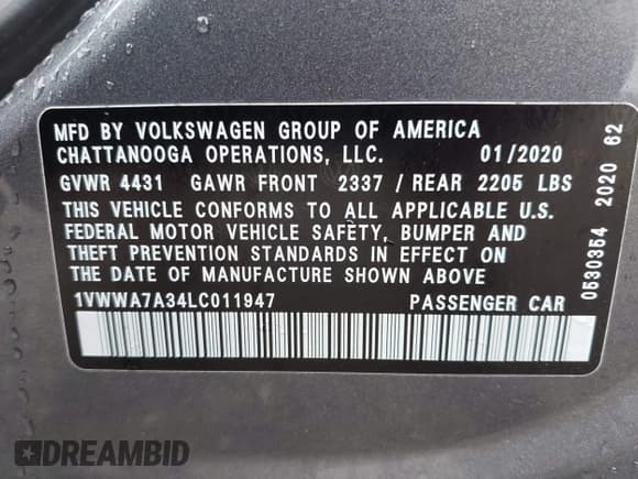 ✅ 2020 Volkswagen Passat SE • VIN: 1VWWA7A34LC011947 • Lot: 42713519. Listed on IAAI with 58,681 mi. Free auction sales archive from the USA and detailed vehicle history report at DreamBid. Image 9.