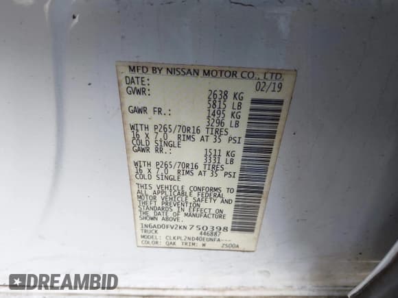 ✅ 2019 Nissan Frontier SV • VIN: 1N6AD0FV2KN750398 • Lot: 43190263. Listed on IAAI with 46,452 mi. Free auction sales archive from the USA and detailed vehicle history report at DreamBid. Image 9.