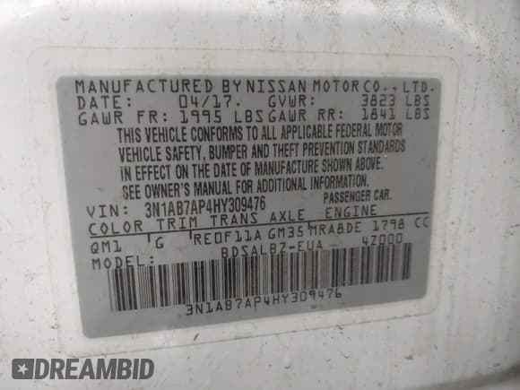 ✅ 2017 Nissan Sentra SL • VIN: 3N1AB7AP4HY309476 • Lot: 43357375. Listed on IAAI with 98,789 mi. Free auction sales archive from the USA and detailed vehicle history report at DreamBid. Image 9.