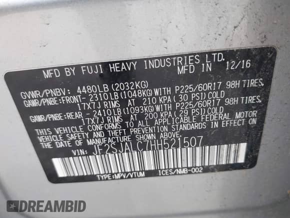 2017 Subaru Forester Limited with VIN JF2SJALC7HH521507, listed as a IAAI auction lot 42380182 with 60,733 mi miles and . Bid and sale history available at DreamBid. Image 9.