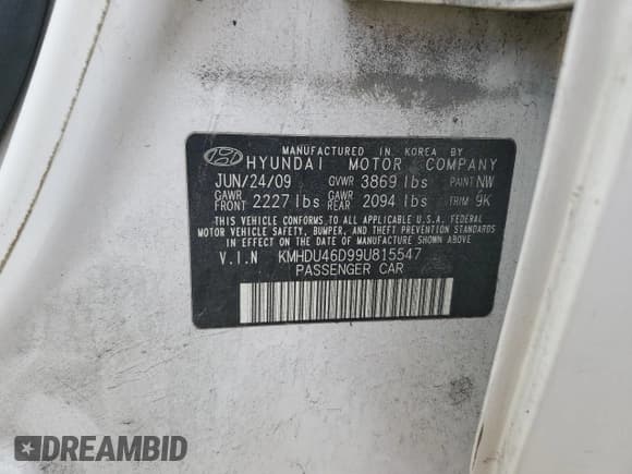 ✅ 2009 Hyundai Elantra GLS • VIN: KMHDU46D99U815547 • Lot: 85911685. Listed on Copart with 209,991 mi. Free auction sales archive from the USA and detailed vehicle history report at DreamBid. Image 13.