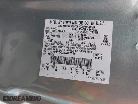 ✅ 2003 Mazda B-Series SX • VIN: 4F4YR12D23TM22246 • Лот: 42111577. Опубликован ранее на IAAI с пробегом 182 803 миль. Бесплатный доступ к архиву аукционных продаж из США и подробный отчёт об истории автомобиля на DreamBid. Изображение 9.