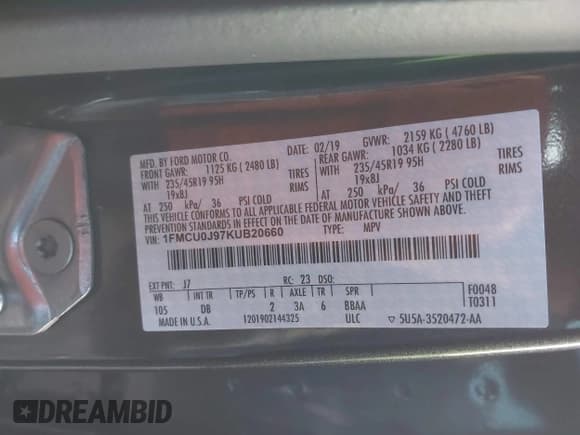 ✅ 2019 Ford Escape Titanium • VIN: 1FMCU0J97KUB20660 • Лот: 43817599. Опубликован ранее на IAAI с пробегом 33 486 миль. Бесплатный доступ к архиву аукционных продаж из США и подробный отчёт об истории автомобиля на DreamBid. Изображение 9.