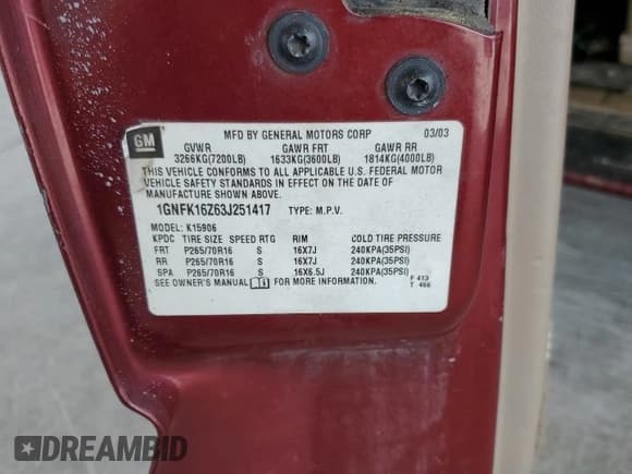 ✅ 2003 Chevrolet Suburban LT • VIN: 1GNFK16Z63J251417 • Lot: 53603865. Listed on Copart with Not provided. Free auction sales archive from the USA and detailed vehicle history report at DreamBid. Image 13.