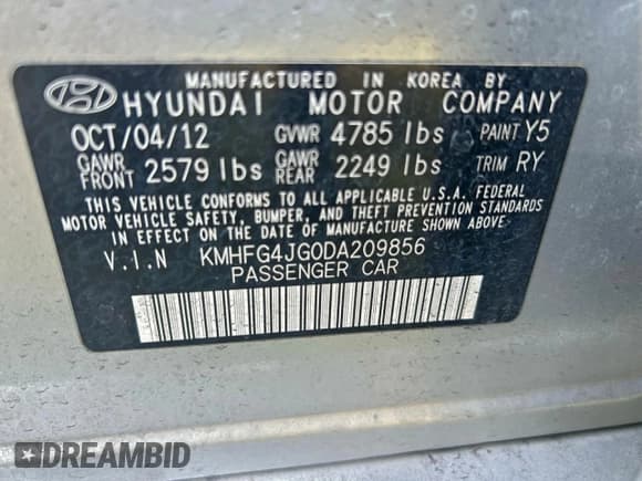 ✅ 2013 Hyundai Azera • VIN: KMHFG4JG0DA209856 • Lot: 95982105. Listed on Copart with 135,531 mi. Free auction sales archive from the USA and detailed vehicle history report at DreamBid. Image 10.