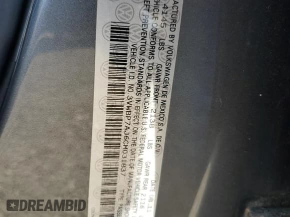 ✅ 2012 Volkswagen Jetta SE • VIN: 3VWBP7AJ6CM031837 • Lot: 81248615. Listed on Copart with 154,822 mi. Free auction sales archive from the USA and detailed vehicle history report at DreamBid. Image 13.