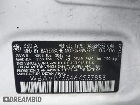 ✅ 2006 BMW 3 Series 330i • VIN: WBAVB33546KS37853 • Лот: 43519154. Опубликован ранее на IAAI с пробегом 130 142 миль. Бесплатный доступ к архиву аукционных продаж из США и подробный отчёт об истории автомобиля на DreamBid. Изображение 9.