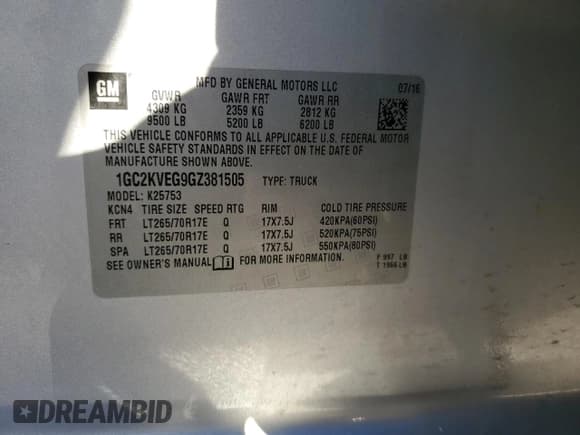 ✅ 2016 Chevrolet Silverado 2500HD LT • VIN: 1GC2KVEG9GZ381505 • Lot: 92642325. Listed on Copart with 78,505 mi. Free auction sales archive from the USA and detailed vehicle history report at DreamBid. Image 13.