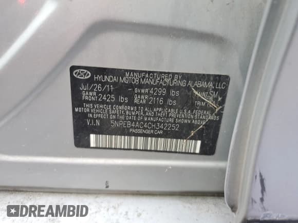 ✅ 2012 Hyundai Sonata GLS • VIN: 5NPEB4AC4CH342252 • Lot: 90823385. Listed on Copart with 145,214 mi. Free auction sales archive from the USA and detailed vehicle history report at DreamBid. Image 12.