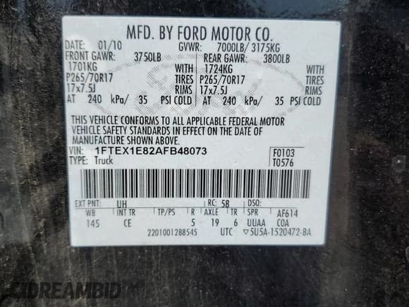 ✅ 2010 Ford F-150 XL • VIN: 1FTEX1E82AFB48073 • Lot: 62184055. Listed on Copart with 249,363 mi. Free auction sales archive from the USA and detailed vehicle history report at DreamBid. Image 12.