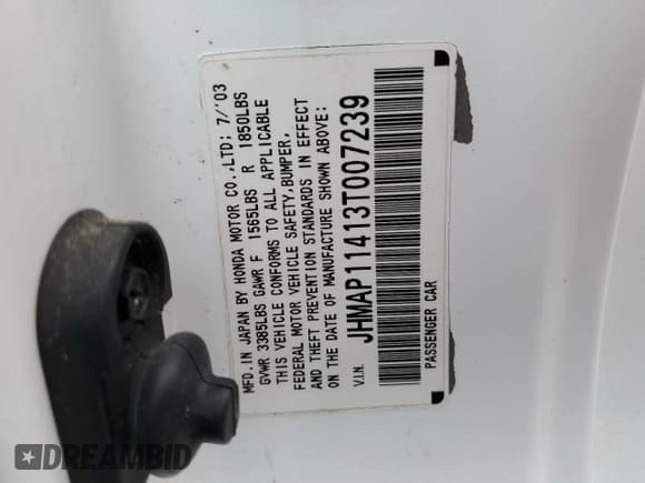 ✅ 2003 Honda S2000 • VIN: JHMAP11413T007239 • Lot: 59792955. Wystawiony na Copart z przebiegiem 96 662 mil. Bezpłatny archiwum sprzedaży aukcyjnych z USA i szczegółowy raport historii pojazdu na DreamBid. Zdjęcie 12.