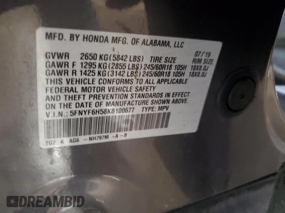 ✅ 2019 Honda Pilot EX-L • VIN: 5FNYF6H58KB100677 • Lot: 61347595. Listed on Copart with 59,987 mi. Free auction sales archive from the USA and detailed vehicle history report at DreamBid. Image 12.