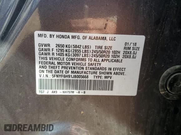 ✅ 2018 Honda Pilot Touring • VIN: 5FNYF6H91JB005668 • Лот: 85587675. Опубликован ранее на Copart с пробегом 104 956 миль. Бесплатный доступ к архиву аукционных продаж из США и подробный отчёт об истории автомобиля на DreamBid. Изображение 12.