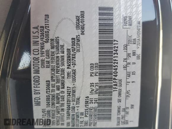 ✅ 2002 Ford Mustang Standard • VIN: 1FAFP40452F134217 • Lot: 91813155. Listed on Copart with 176,793 mi. Free auction sales archive from the USA and detailed vehicle history report at DreamBid. Image 13.