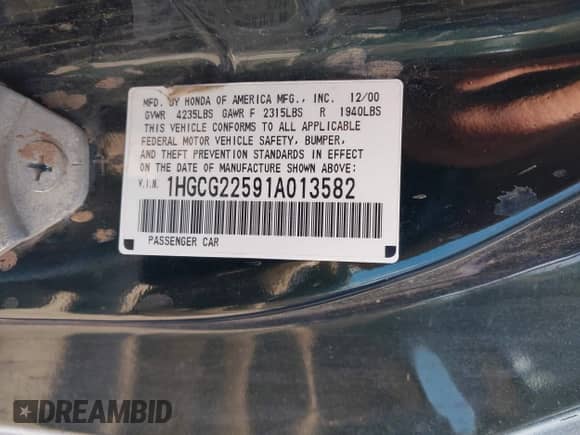 2001 Honda Accord EX с VIN 1HGCG22591A013582, выставлен на аукционе IAAI как лот 42402702 с пробегом 253 818 миль миль и . История ставок и продаж доступна на DreamBid. Изображение 9.