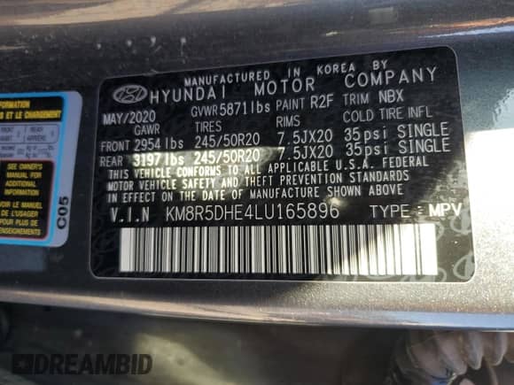 2020 Hyundai Palisade Limited с VIN KM8R5DHE4LU165896, выставлен на аукционе Copart как лот 72475524 с пробегом 72 283 миль миль и Списание • Salvage title. История ставок и продаж доступна на DreamBid. Изображение 14.