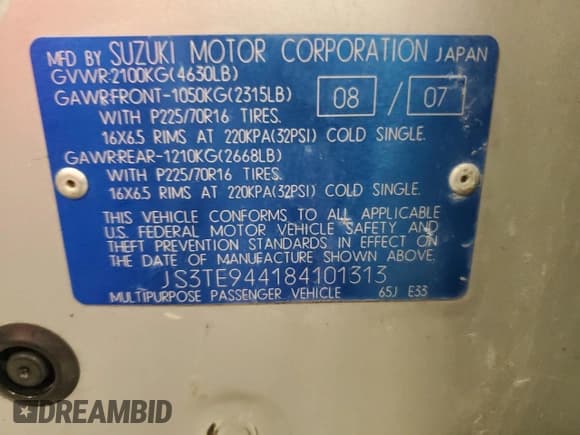 ✅ 2008 Suzuki Grand Vitara XSport • VIN: JS3TE944184101313 • Lot: 83494084. Listed on Copart with 115,504 mi. Free auction sales archive from the USA and detailed vehicle history report at DreamBid. Image 14.