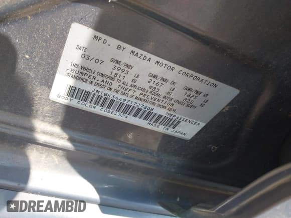 ✅ 2007 Mazda 3 S Touring • VIN: JM1BK344971727868 • Lot: 42950601. Listed on IAAI with 86,000 mi. Free auction sales archive from the USA and detailed vehicle history report at DreamBid. Image 9.