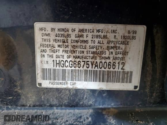 2000 Honda Accord EX с VIN 1HGCG6675YA006612, выставлен на аукционе Copart как лот 90134045 с пробегом Не указан миль и Чистый • Clean title. История ставок и продаж доступна на DreamBid. Изображение 12.