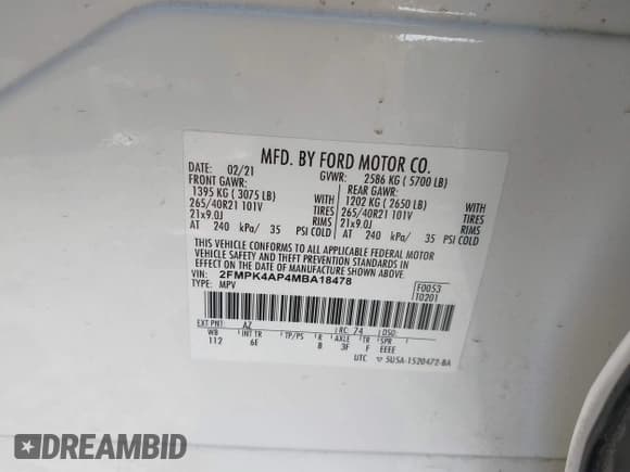 ✅ 2021 Ford Edge ST • VIN: 2FMPK4AP4MBA18478 • Lot: 41765654. Listed on IAAI with 57,000 mi. Free auction sales archive from the USA and detailed vehicle history report at DreamBid. Image 9.